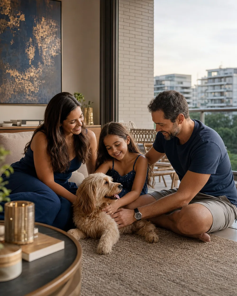 Família com pet em ambiente doméstico dentro do condomínio